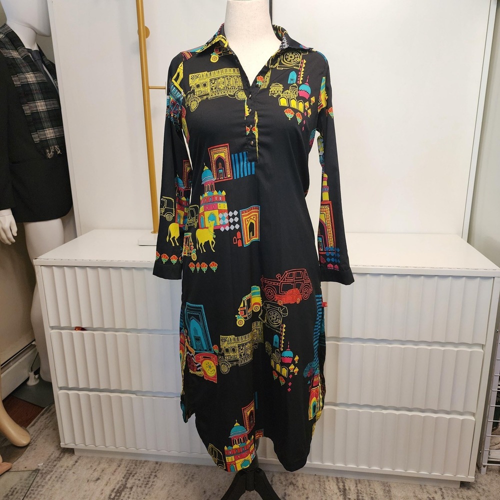 W India Architectural Graphic Print Black Collared Midi Dress 3/4 Sleeve Size 10